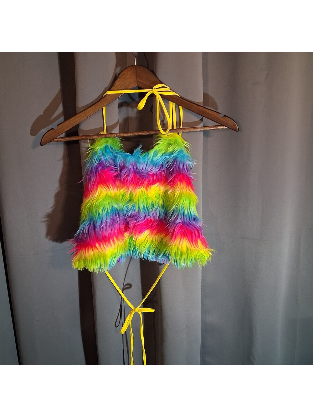 Colorful Rainbow Faux Fur Crop Top with Tie Straps